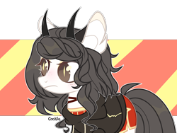 Size: 2688x2016 | Tagged: safe, artist:mint-light, oc, oc only, demon, demon pony, original species, pony, clothes, ear fluff, female, frown, high res, horns, mare, simple background, solo, transparent background