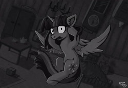 Size: 4093x2810 | Tagged: safe, artist:ami-gami, twilight sparkle, alicorn, pony, g4, female, grayscale, monochrome, panicking, shrunken pupils, solo, twilight sparkle (alicorn)