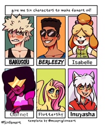 Size: 1075x1284 | Tagged: safe, artist:a.doodle_, fluttershy, dog, gem (race), human, pegasus, pony, anthro, g4, :d, animal crossing, anthro with ponies, berleezy, blushing, bust, clothes, crossover, dark skin, ears, eyes closed, female, fusion, garnet (steven universe), gem fusion, grin, inuyasha, inuyasha (character), isabelle, katsuki bakugou, male, mare, my hero academia, open mouth, six fanarts, smiling, steven universe, sunglasses