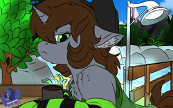 Size: 1920x1200 | Tagged: safe, artist:brainiac, oc, oc only, oc:littlepip, pony, comic:fallout equestria: stained glass, fallout equestria, chest fluff, clothes, ear fluff, fence, mountain, socks, solo, streetlight, striped socks, tree