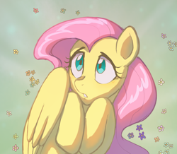 Size: 1892x1650 | Tagged: safe, artist:anonymous, derpibooru exclusive, fluttershy, pegasus, pony, g4, bust, cute, female, flower, green background, hiding behind wing, looking up, mare, palindrome get, portrait, shy, shyabetes, simple background, solo, wings
