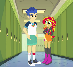 Size: 792x723 | Tagged: safe, artist:jadeharmony, flash sentry, sunset shimmer, equestria girls, g4, canterlot high, converse, female, hallway, lockers, male, ship:flashimmer, shipping, shoes, straight