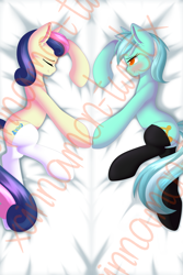 Size: 1181x1771 | Tagged: safe, artist:xcinnamon-twistx, bon bon, lyra heartstrings, sweetie drops, earth pony, pony, unicorn, g4, bed, blushing, body pillow, body pillow design, clothes, couple, cute, cutie mark, dakimakura cover, design, duo, eyes closed, female, happy, lesbian, lying down, obtrusive watermark, patreon, patreon exclusive, patreon link, patreon logo, ship:lyrabon, shipping, smiling, socks, stockings, thigh highs, together, watermark