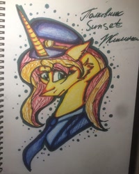 Size: 1080x1350 | Tagged: safe, artist:olyaandspid, sunset shimmer, pony, unicorn, g4, bust, clothes, female, hat, mare, necktie, police, solo, text, traditional art