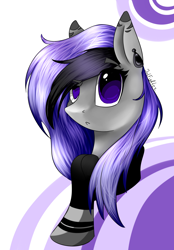 Size: 1062x1528 | Tagged: safe, artist:intfighter, oc, oc only, earth pony, pony, abstract background, bust, clothes, ear piercing, piercing, scarf, simple background, solo