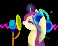 Size: 1080x861 | Tagged: safe, artist:bellas.den, pony, unicorn, black background, bust, eyes closed, glowing horn, headphones, horn, makeup, microphone, signature, simple background, solo