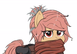 Size: 2974x2111 | Tagged: safe, artist:drawalaverr, derpibooru exclusive, oc, oc only, earth pony, pony, bag, clothes, eye clipping through hair, feather, female, high res, looking at you, mare, saddle bag, scarf, serious, serious face, simple background, solo, white background