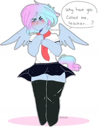 Size: 1280x1643 | Tagged: safe, artist:shinningblossom12, oc, oc only, oc:shinning blossom, pegasus, semi-anthro, arm hooves, blushing, clothes, embarrassed, female, necktie, pegasus oc, school uniform, simple background, skirt, socks, solo, talking, white background, wings