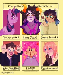 Size: 1080x1291 | Tagged: safe, artist:imbeesy, twilight sparkle, alicorn, human, pony, g4, blushing, body writing, bust, chest fluff, clothes, crossover, cup, derp, earthbound, female, hiveswap, homestuck, horns, kimetsu no yaiba, kumatora, lipstick, male, mare, nail polish, six fanarts, tales of berseria, the umbrella academy, thought bubble, tongue out, troll (homestuck), twilight sparkle (alicorn)