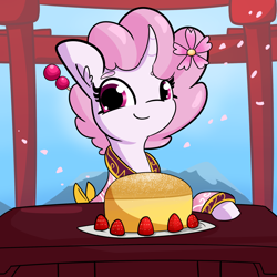 Size: 2250x2250 | Tagged: safe, artist:tjpones, oc, oc only, oc:sakuragi-san, pony, unicorn, birthday cake, cake, cherry blossoms, curved horn, female, flower, flower blossom, flower in hair, flower petals, food, high res, horn, japan, looking at you, mare, strawberry