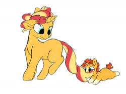 Size: 1280x960 | Tagged: safe, artist:doodletheexpoodle, sunburst, sunset shimmer, pony, unicorn, g4, baby, baby pony, biting, blank flank, brother and sister, colt, colt sunburst, female, filly, filly sunset shimmer, male, siblings, simple background, sunny siblings, tail bite, white background, younger
