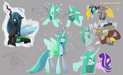 Size: 2600x1600 | Tagged: safe, artist:another_pony, discord, queen chrysalis, starlight glimmer, changedling, changeling, changeling queen, draconequus, pony, unicorn, g4, art dump, changedlingified, compact cassette, dialogue, female, gray background, laughing, looking at each other, no pupils, purified chrysalis, queen chrysalis is not amused, simple background, simpsons did it, sketch, sketch dump, smug, species swap, speech bubble, unamused