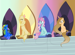 Size: 3232x2360 | Tagged: safe, artist:amelia-bases, artist:lego, derpibooru exclusive, oc, oc only, oc:golden trace, oc:lego, oc:lioness, oc:violet trace, alicorn, hybrid, pony, unicorn, alicorn oc, alicorn thrones, base used, blank flank, concave belly, high res, horn, slender, thin, wings
