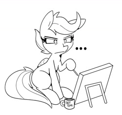 Size: 1280x1209 | Tagged: safe, artist:kindakismet, scootaloo, pegasus, pony, g4, ..., best pony, black and white, canvas, dexterous hooves, drawing, female, filly, grayscale, lineart, monochrome, mug, pencil, solo