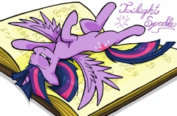 Size: 1280x838 | Tagged: safe, artist:sallycars, twilight sparkle, alicorn, pony, g4, bedroom eyes, book, female, looking at you, lying down, mare, ms paint, on back, solo, spread wings, that pony sure does love books, twilight sparkle (alicorn), wings