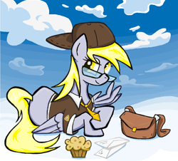 Size: 1072x968 | Tagged: safe, artist:sallycars, derpy hooves, pegasus, pony, g4, envelope, female, food, glasses, hat, looking at you, mailbag, mailmare, mailmare hat, mailmare uniform, mare, muffin, smiling, smiling at you, solo