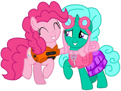 Size: 1287x963 | Tagged: safe, artist:徐詩珮, glitter drops, pinkie pie, earth pony, pony, unicorn, series:sprglitemplight diary, series:sprglitemplight life jacket days, series:springshadowdrops diary, series:springshadowdrops life jacket days, g4, alternate universe, clothes, cute, diapinkes, duo, female, glitterbetes, lifejacket, mare, paw patrol, simple background, skye (paw patrol), transparent background, vector