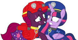 Size: 2103x1073 | Tagged: safe, artist:徐詩珮, fizzlepop berrytwist, tempest shadow, twilight sparkle, alicorn, pony, unicorn, series:sprglitemplight diary, series:sprglitemplight life jacket days, series:springshadowdrops diary, series:springshadowdrops life jacket days, g4, alternate universe, base used, broken horn, chase (paw patrol), cute, female, horn, lesbian, marshall (paw patrol), paw patrol, ship:tempestlight, shipping, simple background, tempestbetes, transparent background, twiabetes, twilight sparkle (alicorn)