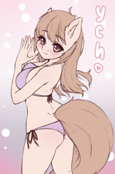 Size: 1130x1701 | Tagged: safe, artist:mintjuice, anthro, advertisement, ass, bikini, blushing, breasts, butt, clothes, commission, female, looking at you, looking back, mare, smiling, swimsuit, your character here