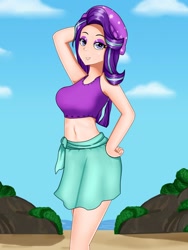 Size: 770x1024 | Tagged: safe, alternate version, artist:focusb, edit, editor:thomasfan45, starlight glimmer, human, equestria girls, g4, arm behind head, armpits, beach, beanie, bedroom eyes, belly button, bikini, breasts, busty starlight glimmer, clothes, cute, eyeshadow, female, hand on hip, hat, human coloration, lidded eyes, looking at you, makeup, midriff, ocean, pose, sand, sarong, smiling, solo, swimsuit