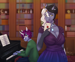 Size: 3030x2505 | Tagged: safe, artist:askbubblelee, oc, oc only, oc:keystone quartz, oc:starling quartz, unicorn, anthro, unguligrade anthro, anthro oc, big breasts, bookshelf, breasts, cleavage, clothes, digital art, duo, female, high res, horn, letter, lipstick, male, mare, mother and child, mother and son, musical instrument, piano, story in the source, unicorn oc