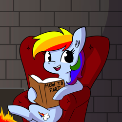 Size: 2250x2250 | Tagged: safe, artist:tjpones edits, edit, rainbow dash, pegasus, pony, rainbow dash presents, g4, book, fart joke, female, fire, fireplace, high res, implied farting, mare, open mouth, solo, toilet humor