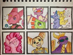Size: 1080x810 | Tagged: safe, artist:nerrenya, pinkie pie, chameleon, dragon, earth pony, pony, anthro, g4, animal crossing, anthro with ponies, bust, cardcaptor sakura, crossover, eyes closed, female, flick, flower, kero, keroberos, licking, male, mare, ratchet and clank, six fanarts, spyro the dragon, spyro the dragon (series), sunglasses, tongue out, traditional art, yooka-laylee