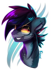 Size: 764x1080 | Tagged: safe, artist:kiwwsplash, oc, oc only, earth pony, pony, abstract background, ear piercing, earring, earth pony oc, grin, jewelry, piercing, signature, smiling, solo