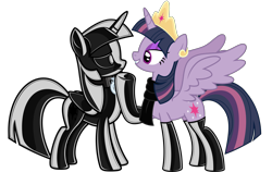 Size: 7000x4418 | Tagged: safe, artist:severity-gray, mean twilight sparkle, twilight sparkle, latex pony, original species, pony, unicorn, g4, absurd resolution, bdsm, bondage, clothes, collar, collar ring, crown, doll, dollified, evil clone, evil grin, eyeshadow, female, glossy, gloves, grin, horn, horn ring, impersonating, inanimate tf, jewelry, kidnapped, latex, latex gloves, latex socks, latex suit, latexified, makeup, mare, mistress, regalia, ring, rubber, rubber suit, scarf, shiny, slave, smiling, smirk, socks, submission, submissive, toy, transformation, trapped, wings