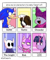 Size: 1004x1200 | Tagged: safe, artist:pedesova, twilight sparkle, cat, dog, hedgehog, pony, unicorn, anthro, g4, :d, animal crossing, anthro with ponies, bob, bust, chowder, chowder (character), clothes, crossover, female, gloves, hollow knight, male, mare, open mouth, petting, six fanarts, smiling, sonic the hedgehog, sonic the hedgehog (series), unicorn twilight, waving