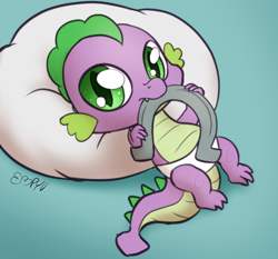 Size: 1000x933 | Tagged: safe, artist:empyu, spike, dragon, g4, baby, baby dragon, baby spike, blanket, cute, cute little fangs, diaper, fangs, horseshoes, looking at you, male, nom, pillow, solo, spikabetes, weapons-grade cute, younger