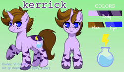 Size: 1300x759 | Tagged: safe, artist:helithusvy, oc, oc only, oc:kerrick, pony, unicorn, blue eyes, brown hair, commission, cutie mark, freckles, gray background, green background, horn, male, reference sheet, simple background, solo, unicorn oc