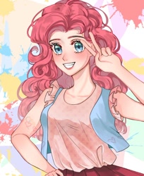Size: 650x795 | Tagged: dead source, safe, artist:左玥写作业, pinkie pie, human, g4, blushing, clothes, female, hand on hip, humanized, looking at you, peace sign, smiling, smiling at you, solo