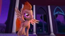 Size: 7680x4320 | Tagged: safe, spitfire, pegasus, pony, g4, 3d, absurd resolution, bench, column, female, flower, glowing eyes, lamppost, nose wrinkle, rose, smiling, solo, source filmmaker, tree, wings
