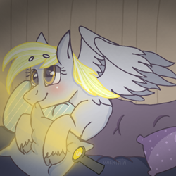 Size: 768x768 | Tagged: safe, artist:valkiria, derpibooru exclusive, derpy hooves, pegasus, pony, g4, bed, biting, blanket, blushing, cute, female, flashlight (object), lying down, pillow, simple background, smiling, solo