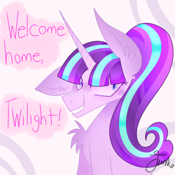 Size: 900x900 | Tagged: safe, artist:php163, starlight glimmer, pony, unicorn, g4, bust, chest fluff, dialogue, digital art, ear fluff, egalitarianism, eyelashes, female, grin, looking offscreen, mare, portrait, quote, s5 starlight, simple background, smiling, smirk, solo, this will not end well