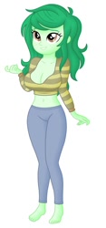 Size: 462x983 | Tagged: safe, alternate version, edit, editor:ah96, editor:thomasfan45, wallflower blush, human, equestria girls, equestria girls specials, g4, my little pony equestria girls: better together, my little pony equestria girls: forgotten friendship, barefoot, belly button, big breasts, breast edit, breasts, busty wallflower blush, cleavage, clothes, cute, feet, female, flowerbetes, freckles, jeans, legs, midriff, pants, shading, simple background, smiling, solo, white background
