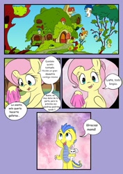Size: 1280x1811 | Tagged: safe, artist:mustachedbain, fluttershy, oc, oc:izen, dragon, pegasus, pony, comic:my dragon children, g4, female, male, mother and child, mother and son, spanish, translation