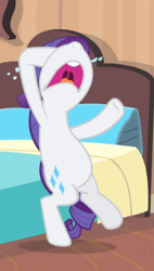 Size: 444x783 | Tagged: safe, screencap, rarity, pony, g4, rarity takes manehattan, bed, belly, bipedal, cropped, crying, female, mawshot, nose in the air, open mouth, solo, uvula, volumetric mouth