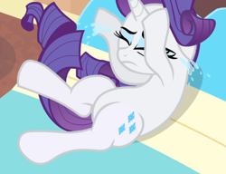 Size: 978x752 | Tagged: safe, screencap, rarity, pony, g4, rarity takes manehattan, bed, cropped, crying, eyes closed, female, lying on bed, on bed, solo