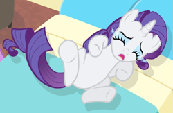 Size: 1223x795 | Tagged: safe, screencap, rarity, pony, g4, rarity takes manehattan, bed, belly, cropped, crying, cute, female, lying on bed, on bed, open mouth, rarity being rarity, sad, sadorable, solo