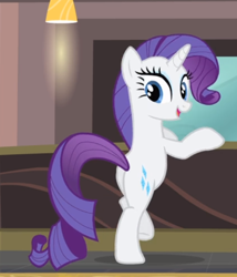 Size: 550x642 | Tagged: safe, screencap, rarity, pony, unicorn, g4, rarity takes manehattan, bipedal, bipedal leaning, butt, cropped, cute, desk, female, leaning, looking at you, looking back, looking back at you, mare, open mouth, plot, raribetes, smiling, solo