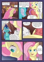 Size: 1280x1811 | Tagged: safe, artist:mustachedbain, fluttershy, princess ember, oc, oc:august, oc:rexion, dragon, pegasus, pony, comic:my dragon children, g4, baby, baby dragon, comic, determined, dragon oc, female, male, mother and child, mother and son, spanish, translation