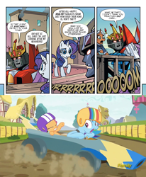 Size: 1988x2415 | Tagged: safe, artist:jack lawrence, artist:luis antonio delgado, edit, idw, rainbow dash, rarity, scootaloo, starke kragen, friendship in disguise #1, g4, my little pony/transformers: friendship in disguise, my little pony: friendship is magic, the cart before the ponies, spoiler:comic, car, comic, crossover, go kart, helmet, jet, manehattan, rarity for you, starscream, transformers