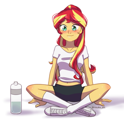 Size: 900x900 | Tagged: safe, artist:riouku, sunset shimmer, equestria girls, adorasexy, belly button, blushing, clothes, crossed legs, cute, female, midriff, sexy, shimmerbetes, shirt, simple background, smiling, solo, water bottle, white background