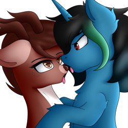 Size: 1280x1280 | Tagged: safe, artist:drarkusss0, oc, oc:ali linner, oc:drarkusss, oc:waifu, deer, pony, unicorn, couple, duo, hug, kissing, looking into each others eyes, tongue out