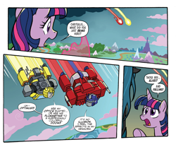 Size: 1988x1656 | Tagged: safe, artist:tony fleecs, idw, queen chrysalis, twilight sparkle, alicorn, pony, g4, spoiler:comic, spoiler:friendship in disguise, bumblebee (transformers), comic, crossover, equestria, magic, open mouth, optimus prime, transformers, twilight sparkle (alicorn)