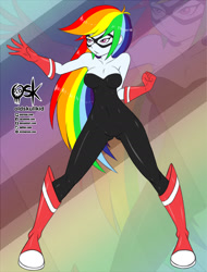 Size: 1668x2200 | Tagged: safe, artist:oldskullkid, rainbow dash, equestria girls, g4, bare shoulders, bodysuit, boots, breasts, cleavage, clothes, converse, costume, female, gloves, latex, mask, shoes, sleeveless, solo, strapless, superhero, unitard, zoom layer