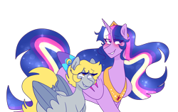 Size: 2048x1293 | Tagged: safe, artist:cubbybatdoodles, derpy hooves, twilight sparkle, alicorn, pony, g4, the last problem, blushing, colored wings, colored wingtips, duo, female, jewelry, lesbian, long mane, long tail, older, older twilight, older twilight sparkle (alicorn), princess twilight 2.0, regalia, ship:twerpy, shipping, short mane, short tail, simple background, size difference, transparent background, twilight sparkle (alicorn)