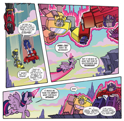 Size: 1995x1946 | Tagged: safe, artist:tony fleecs, idw, twilight sparkle, alicorn, pony, g4, spoiler:comic, spoiler:friendship in disguise, bumblebee (transformers), comic, cropped, crossover, equestria, magic, open mouth, optimus prime, transformers, twilight sparkle (alicorn), windblade